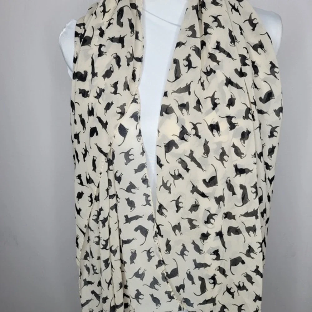 Cat Print Sheer‎ Scarf Cream Black Lightweight crazy cat lady Shawl